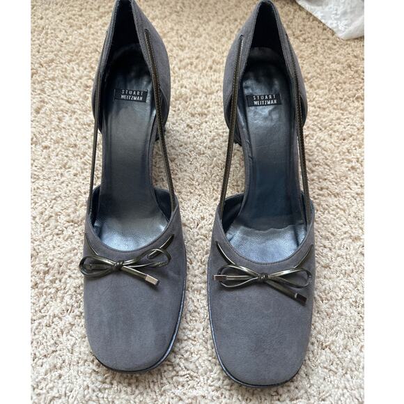 Stuart Weitzman Women's Gray Suede D'Orsay Bow Heels Pumps Shoes - Picture 2 of 7